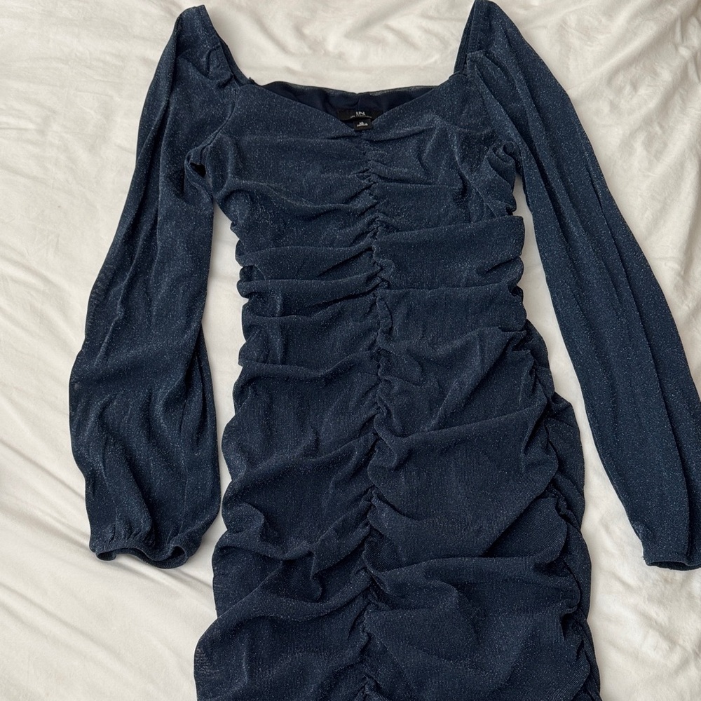 I.N. San Francisco Midnight Blue Ruched Long Sleeve Dress